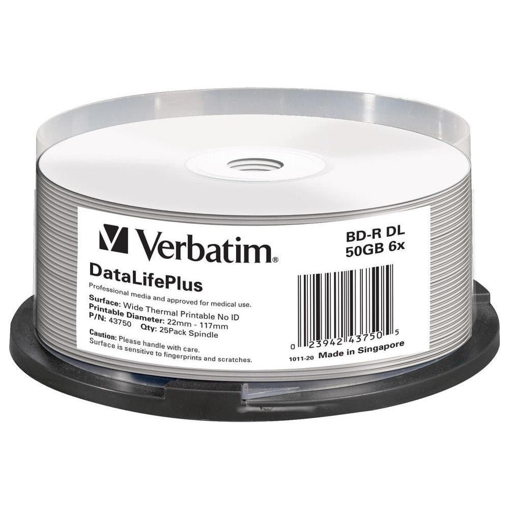 Verbatim BD-R - Blu-ray Disc 50 GB, superficie imprimible blanca, velocidad de grabación 6X, DataLifePlus, pack de 25 discos con spindle 43750
