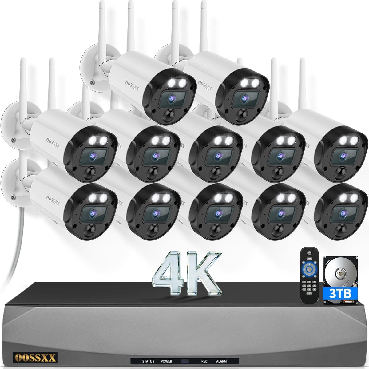 OOSSXX (4K Ultra HD y 4 antenas señal fuerte) Sistema de cámaras de seguridad inalámbrico exterior Videovigilancia Cámaras WiFi Free APP No Month Fee