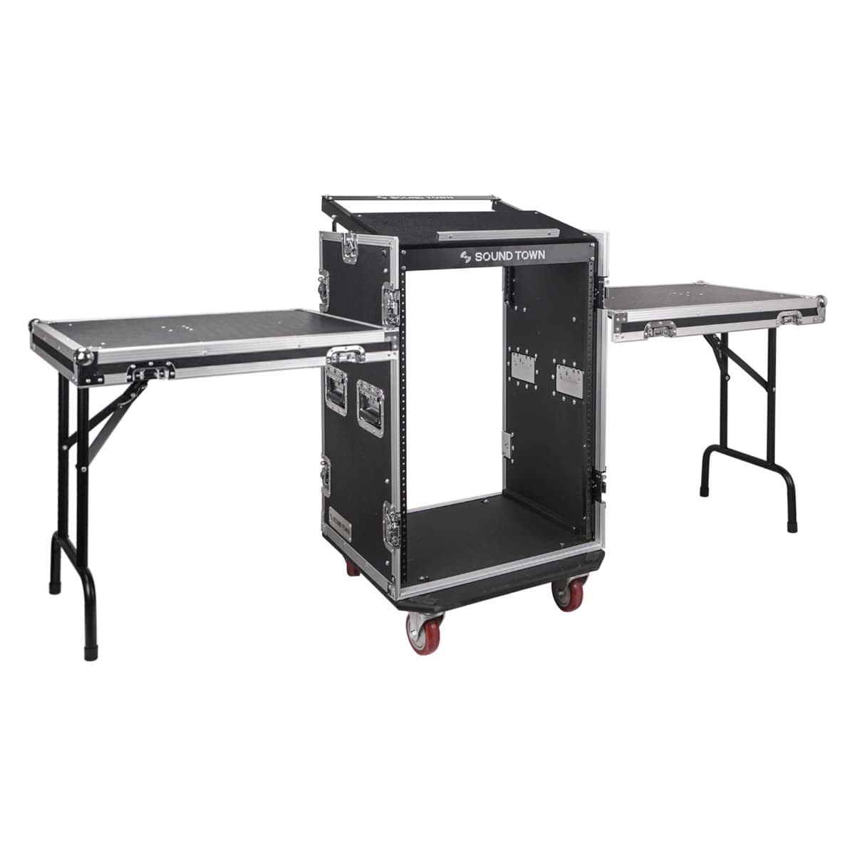 Sound Town STMR-16UWT2 - Rack/Flight Case 16U Plywood 1/2" con Top Inclinado 11U y Ruedas