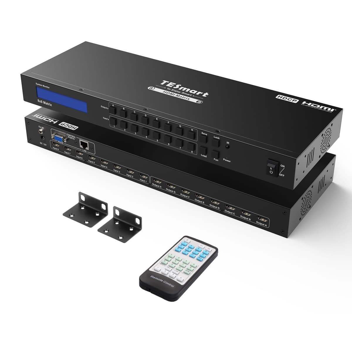 TESmart Matriz HDMI 8x8 conmutador 4K compatible con EDID, 4K@30Hz, 1080P 3D, HDCP, 8 entradas y 8 salidas HDMI con control remoto IR, RS232, control TCP/IP, montaje en rack TES-HMA0808A30-USBK