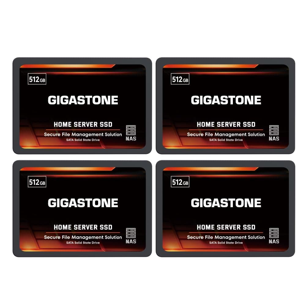 Gigastone SSD para Servidor Hogar 512GB NAS SSD Caché (Paquete de 4) TLC de Alta Durabilidad 24/7 Alta Resistencia Nube Personal Sincronización de Datos Almacenamiento en Red RAID 3D NAND 2.5" SATA Interno unidades de Estado Sólido GS-SSD-HS-512GB-4PK-B