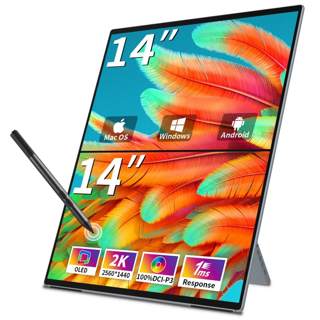 Magedok Dual Monitor 14" 2K OLED portátil táctil, extensor de pantalla para laptop, VESA y soporte, slim frameless MageFlex-140A