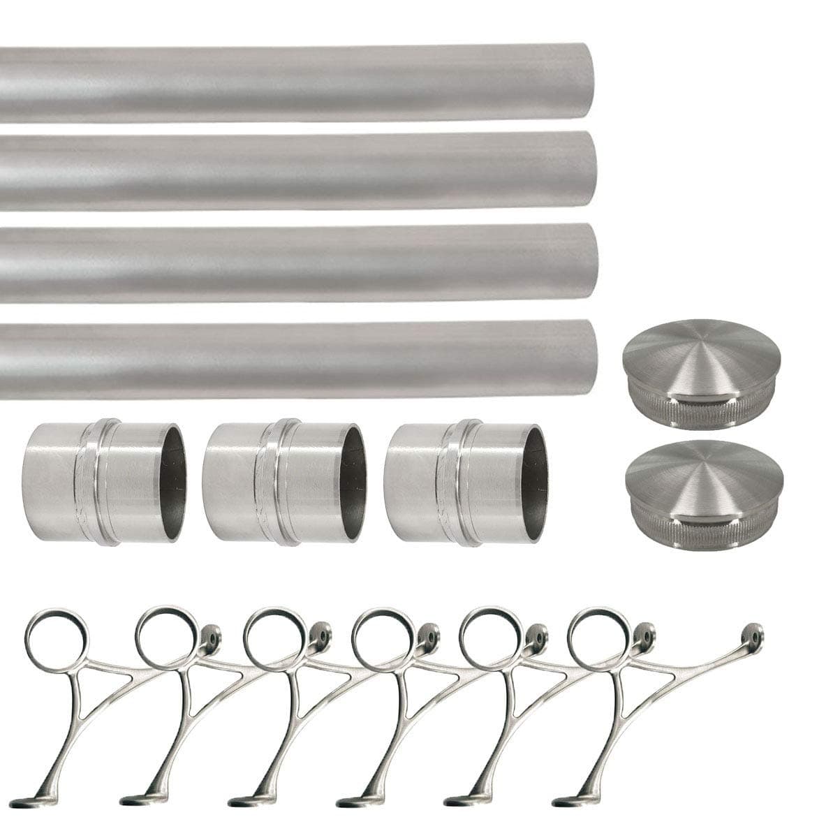 Top Hardware Juego de riel para pies para barra extra largo 2" OD - 24 ft, acero inoxidable cepillado, conectores internos, soportes combinados y tapas cónicas FTXRA-RL-T-2"-24