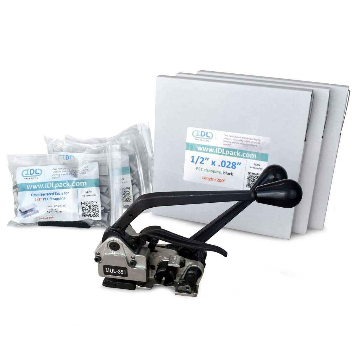IDL Packaging Ultimate Kit de flejado PET 1/2" x 600' con herramienta 3-en-1 CM.PSK.12.600