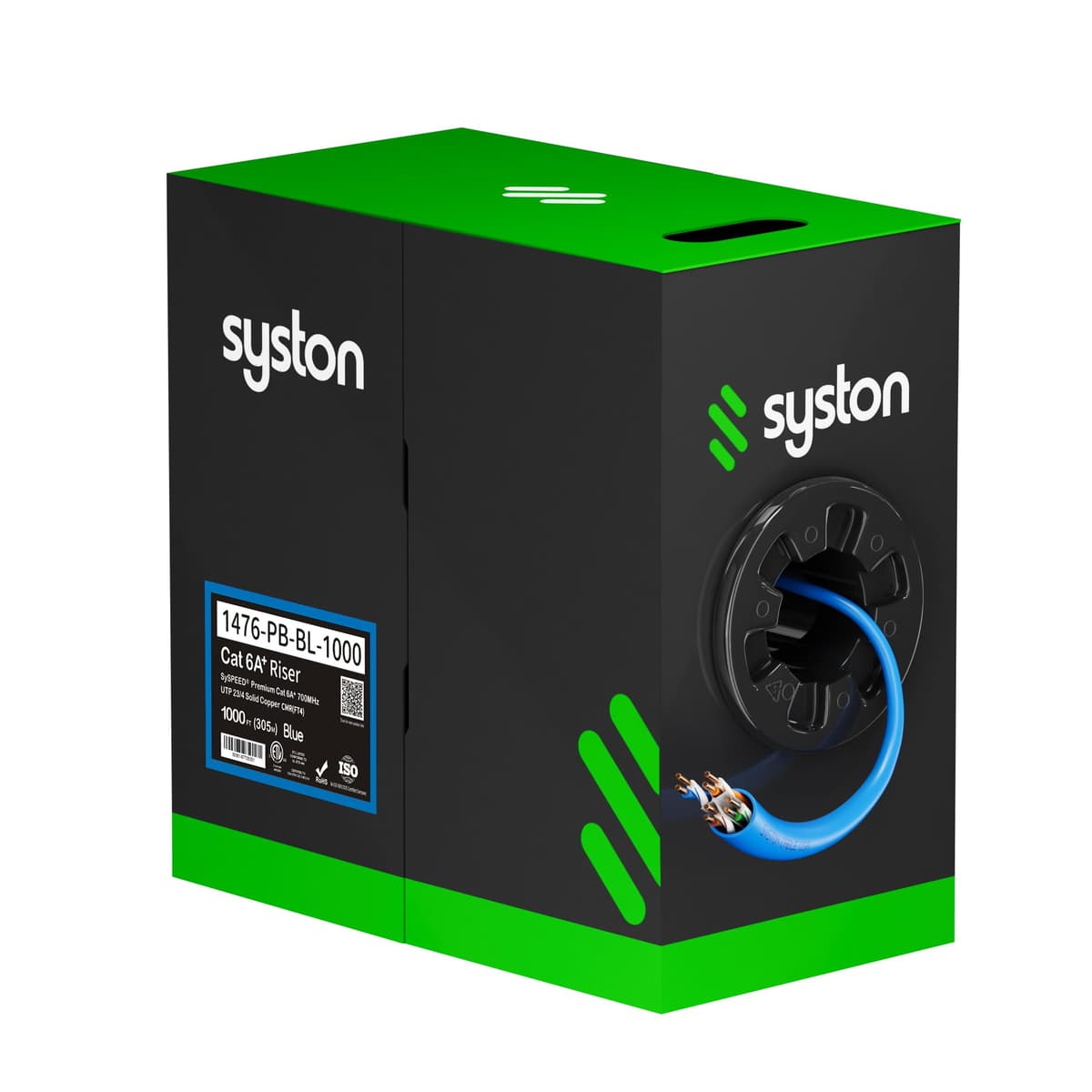Syston Cable Technology Cable Ethernet Cat 6A+ 750MHz 23AWG Cable de Cobre Macizo Desnudo Exterior/Interior, Sin Conectores 100/250/500/1000 pies Disponibles, Resistente al Calor Clasificación Riser (1000 FT, CMR, Azul-CMR) 147X