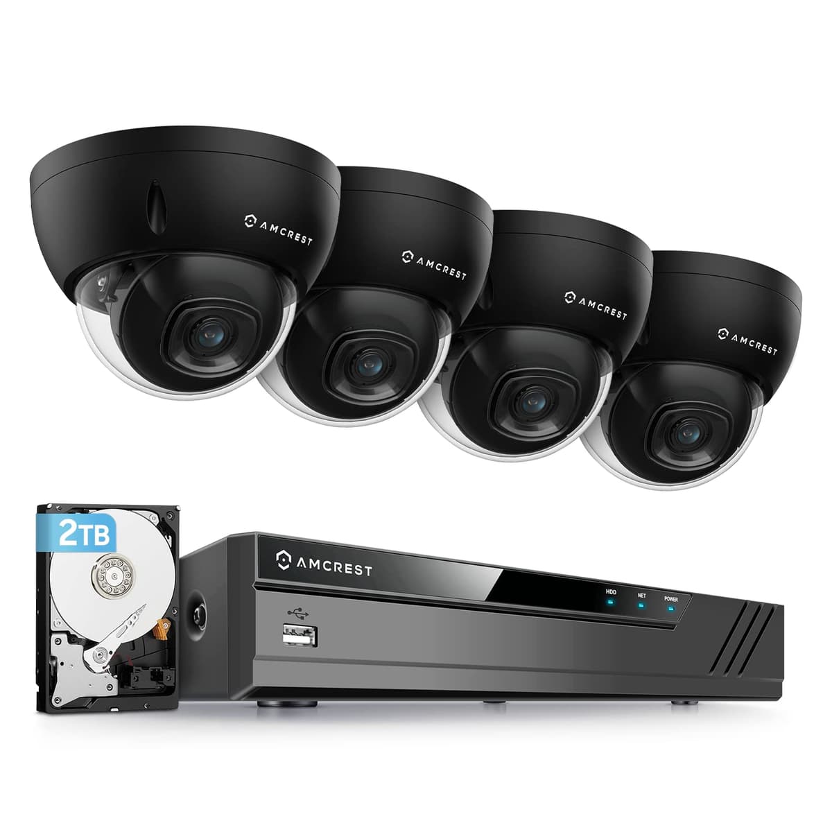 Sistema de Cámaras de Seguridad Amcrest 5MP, NVR PoE 8CH 4K, (4) x Cámaras IP Dome Vandalismo Metálicas Resistente al Agua 5 Megapíxeles 2.8mm Gran Angular PoE, Disco Duro 2TB Preinstalado, NV4108E-IP5M-D1188EB4-2TB (Negro)