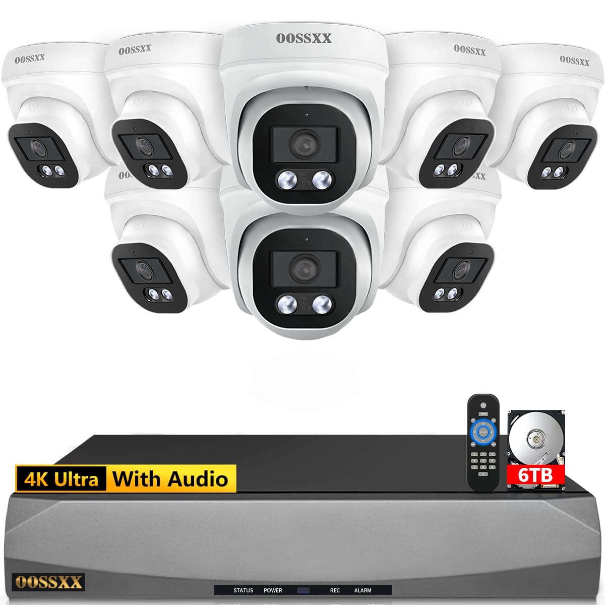 Sistema de cámaras de seguridad exterior tipo domo OOSSXX 4K PoE con audio, cámaras IP de vigilancia cableadas de 8.0 megapíxeles, kit DVR, ángulo ultra gran angular de 130° (8 cámaras - 6TB) Free APP No Month Fee
