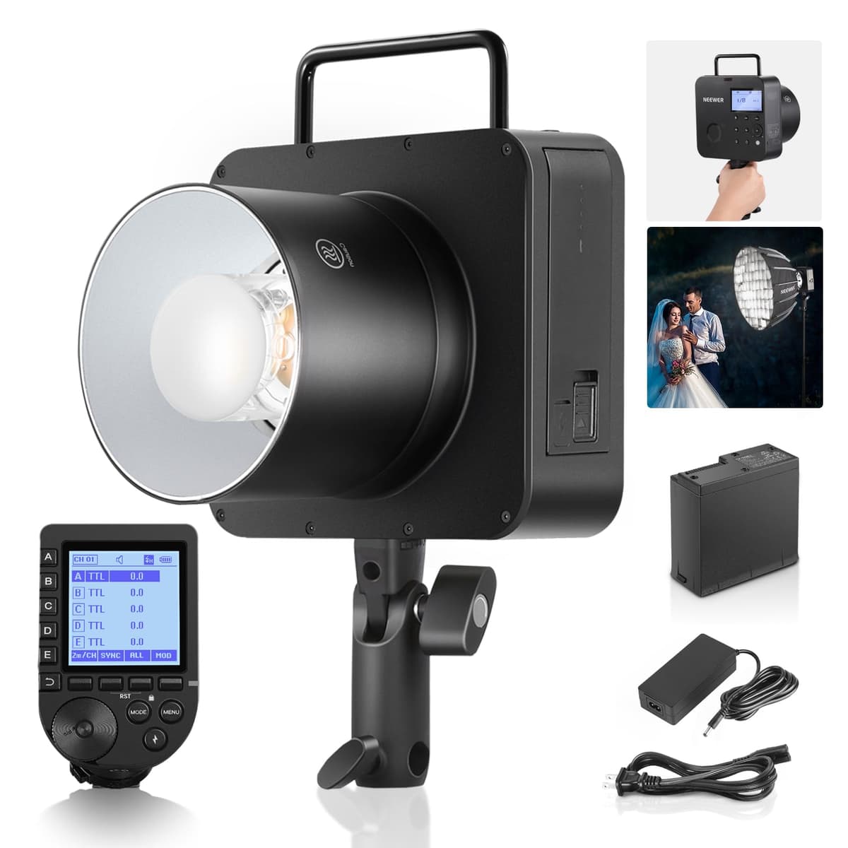NEEWER Q4 Flash de Estudio 400Ws para Exterior Strobe 2.4G TTL y Trigger QPRO-N Compatible con Nikon, HSS 1/8000, Lámpara de Modelado 30W, 400 Potencia Completa, Reciclaje 0.01-1.2s, Batería 21.6V 2800mAh para Fotografía de Bodas 10102786