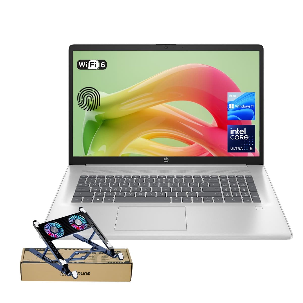 Laptop empresarial HP, 17.3" táctil, Intel Core Ultra 5 225U (> i7-1355U) para multitarea, 32GB DDR5, 2TB SSD, lector de huellas, teclado retroiluminado, Windows 11 Home, plateado, paquete con enfriador PCO para laptop