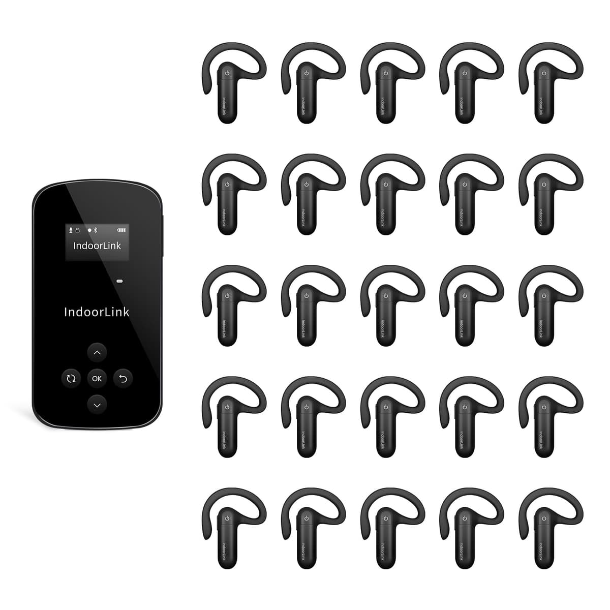 IndoorLink E211+E103 Sistema inalámbrico para guías turísticas - transmisor de mano y receptor abierto con carga magnética