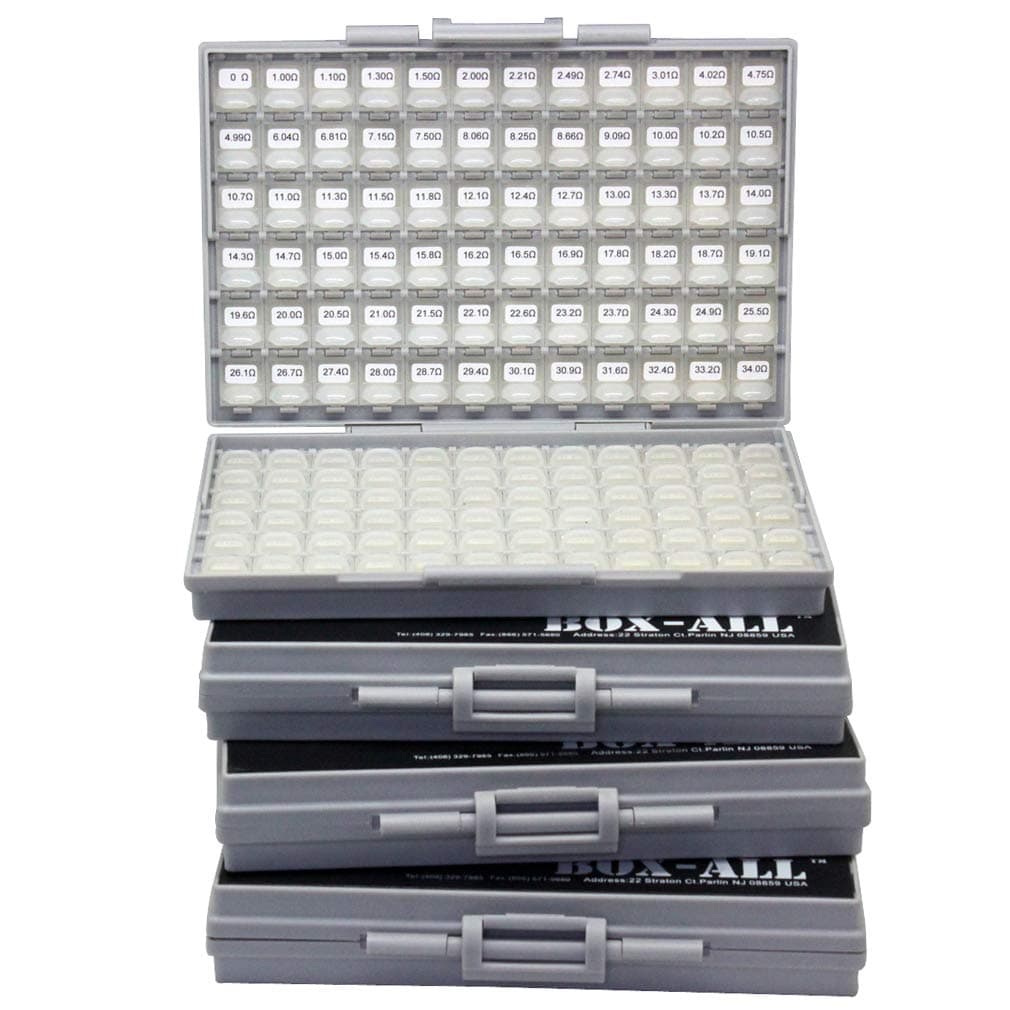 AideTek Kit de resistores SMD 0402 E96 491 valores 100 pcs por valor en estuches BOX-ALL R04E96100
