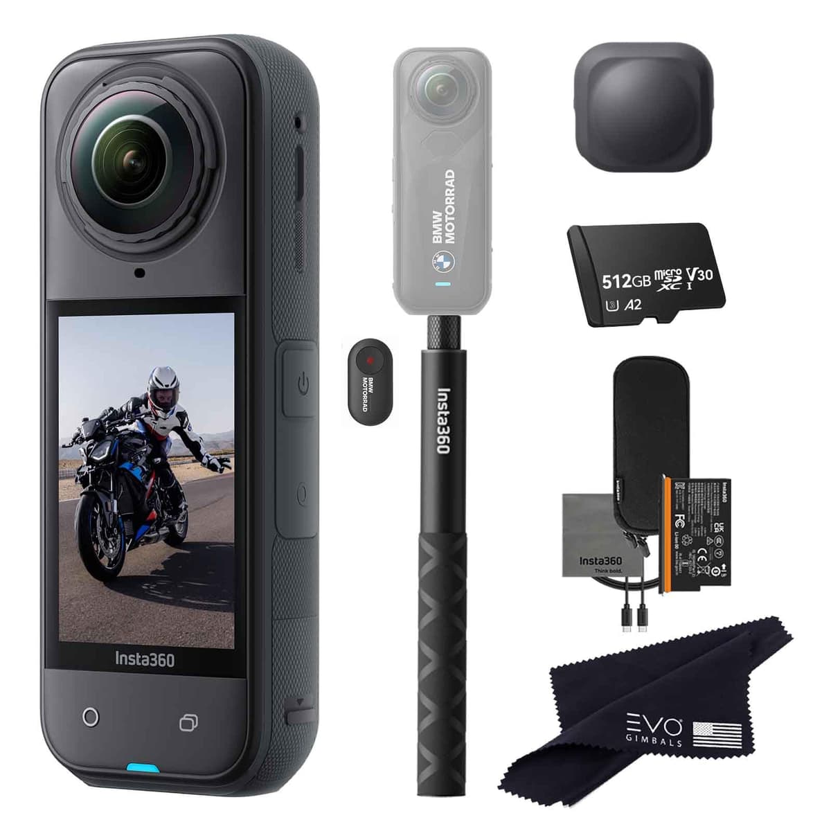 Insta360 X5 BMW Motorrad Limited Edition Basic Bundle - Cámara 360 8K resistente al agua con sensores 1/1.28" 48MP, incluye palo selfie invisible y tapa de lente (512GB) X5_BMW-Action Selfie-LC-512GB