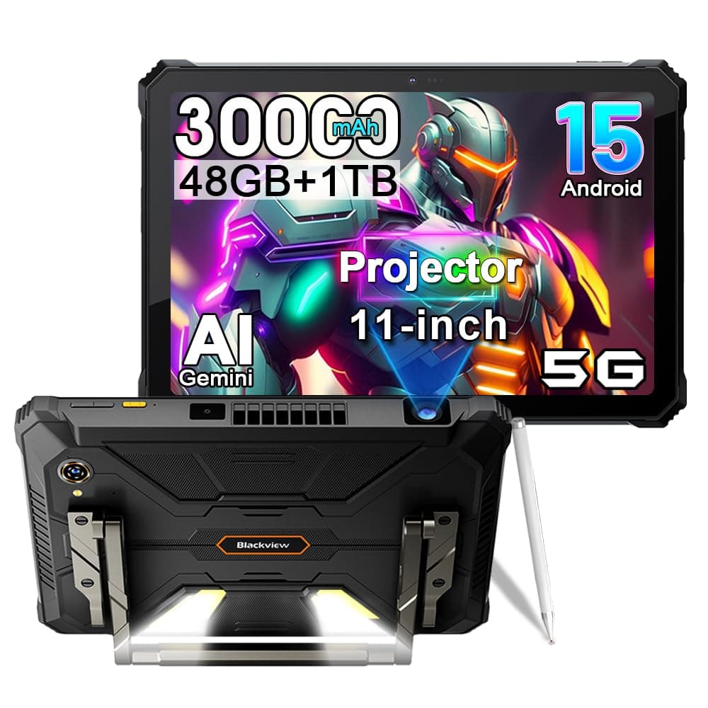 Blackview Active 12 PRO Tableta Proyector, Android 15 Resistente, 48GB RAM+1TB ROM, 30000mAh Doble 5G Pantalla 11'', Tableta para Exterior, Cámaras 108MP+50MP, Luz de Camping/WiFi 6E/BT 5.4/GPS Blackview 12 PRO