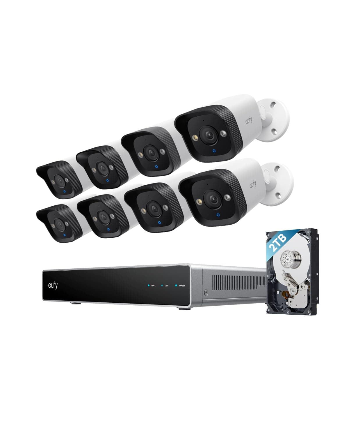 eufy Sistema de Seguridad PoE NVR E40, grabación 24/7, hasta 16 canales, HDD 2TB, 8 cámaras bullet 4K, cámara exterior cableada, 4K UHD, FOV 122°, visión nocturna a color, detección AI, estroboscopio rojo y azul T8P00