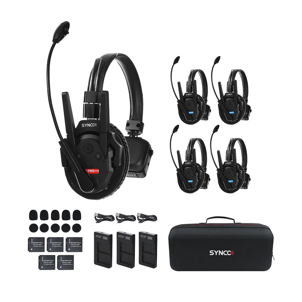 SISTEMA DE AURICULAR INTERCOMUNICADOR INALÁMBRICO SYNCO XTALK XPro5 2.4 GHz 500M/1640FT FULL-DUPLEX PARA 5 PERSONAS CON CANCELACIÓN DE RUIDO PARA ESPECTÁCULOS EN VIVO, ACTUACIONES EN ESCENA Y RODAJES DE CINE XPro5 (5 Persons)
