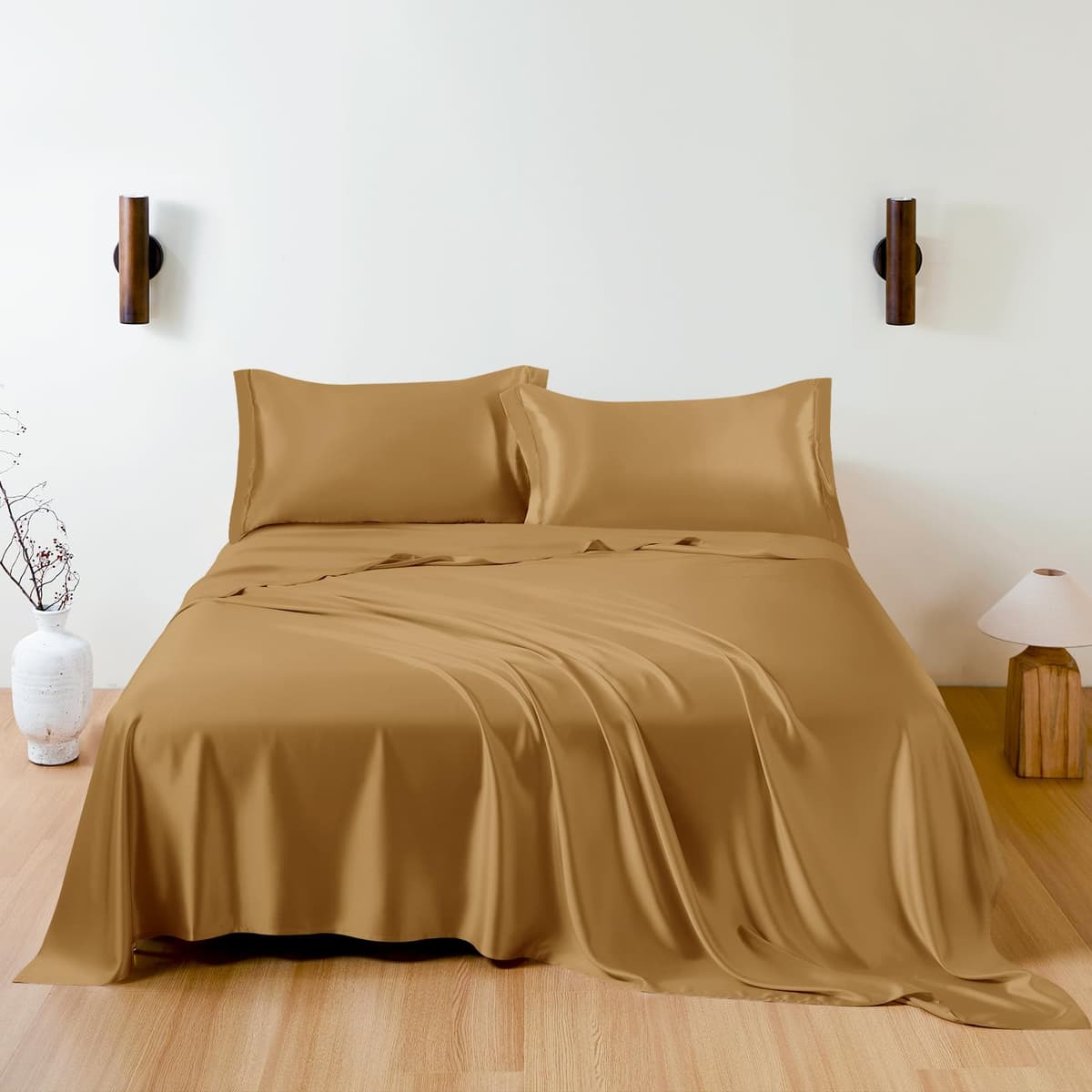 THXSILK Juego de sábanas 100% seda Mulberry King, 7A+, dorado metálico W01W08407K