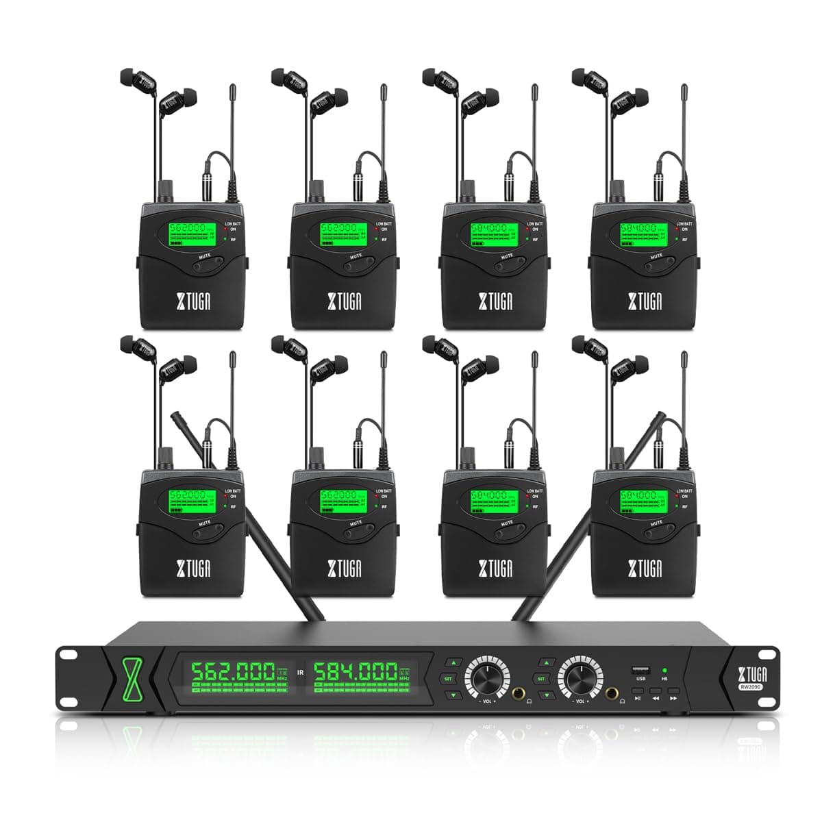 XTUGA RW2090 Sistema in-ear inalámbrico mono con 8 bodypacks, 2×100 frecuencias, 70m de alcance (550-599MHz)