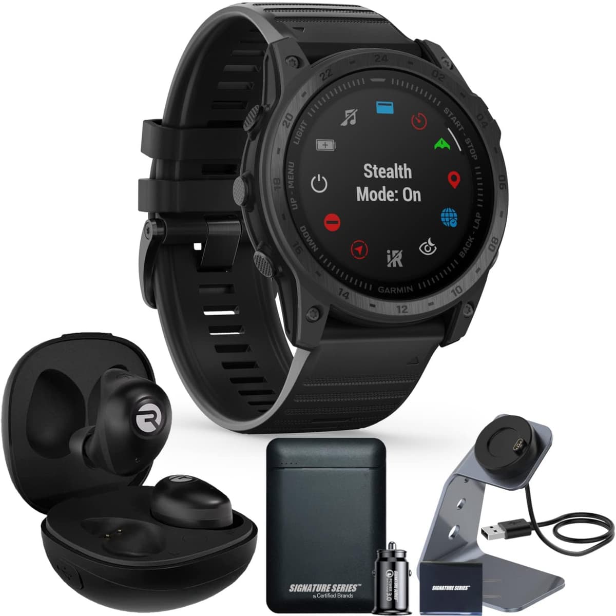 Certified Brands Bundle Garmin tactix 7 Standard + Raycon Fitness (Carbon Black) + Stand + Power Bank 010-02704-00+RBE745-21E-BLA Power Bundle