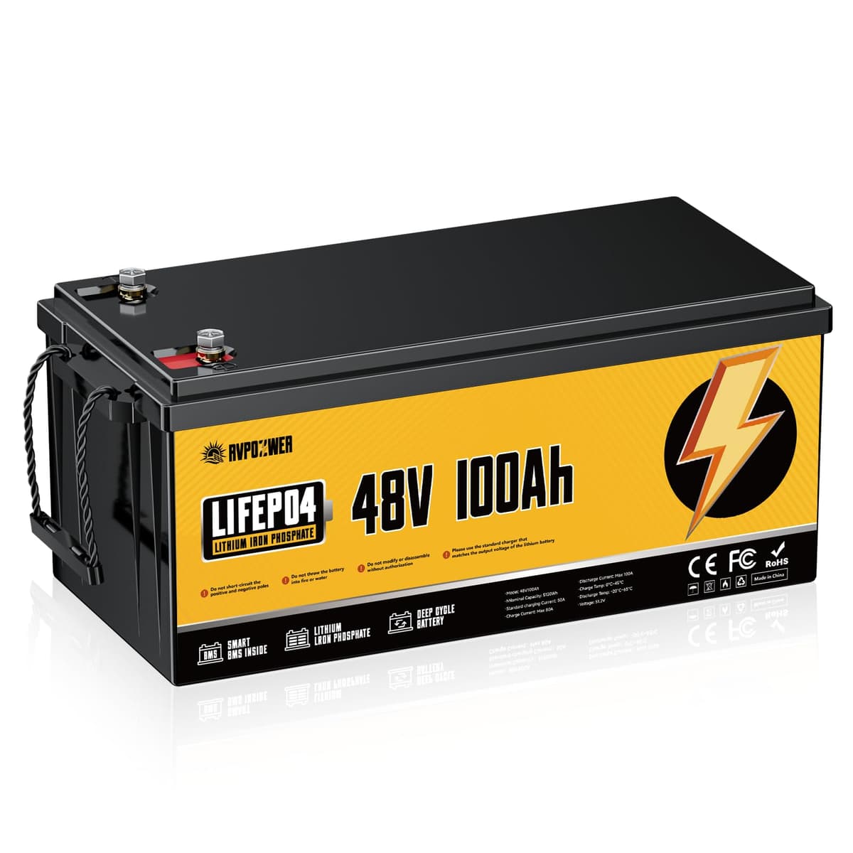 Rvpozwer 48V 100Ah LiFePO4 Battery - 5120Wh, Built-in 100A BMS 101-01