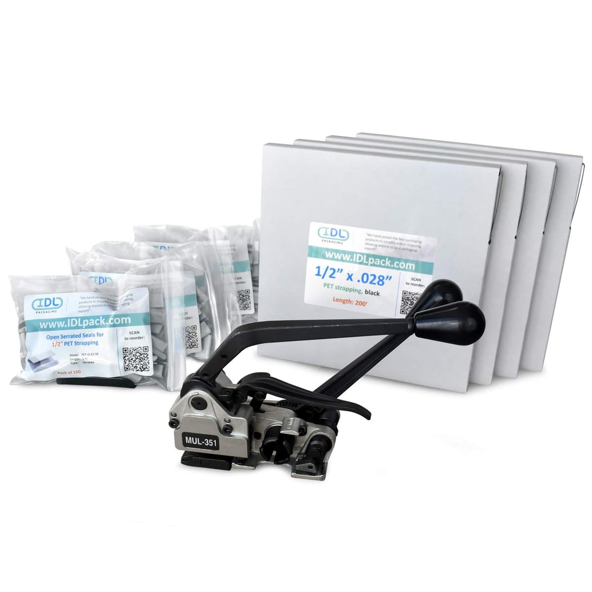 IDL Packaging Ultimate Kit de flejado PET 1/2" x 800' con herramienta 3-en-1 CM.PSK.12.800