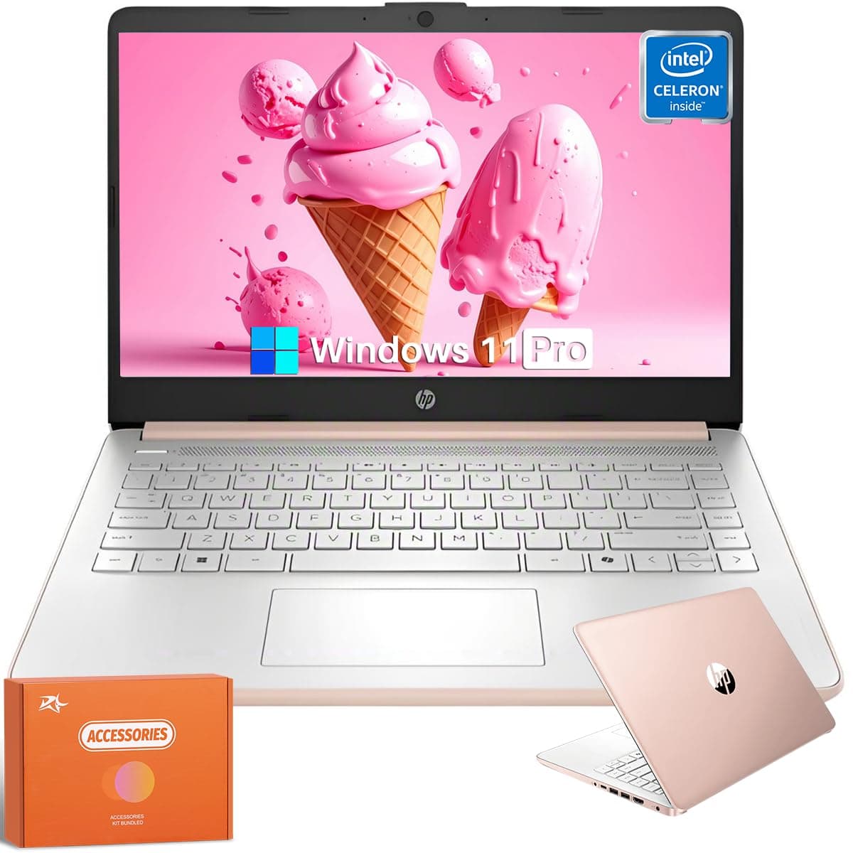 Laptop HP 14 pulgadas, Intel 4 núcleos N150, Office 365 1 año, pantalla LED 14" 250 nits, 16 GB RAM, 384 GB almacenamiento (128 GB UFS + 256 GB Micro SD), webcam, Wi-Fi, HDMI, Windows 11 Pro con Copilot AI, rosa dorado con mouse HP 14 Inch Laptop