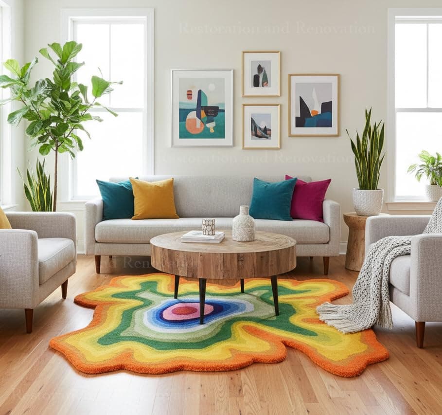 Restoration and Renovation Alfombra artesanal irregular de lana 9x9 ft | Diseño moderno a rayas multicolor Handmade