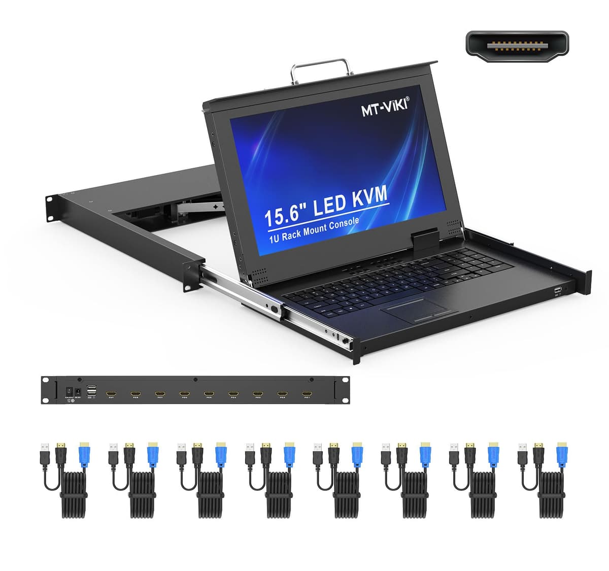 MT-VIKI 8 Port KVM Console HDMI 1U con Monitor 15.6'' 1080P Integrado Touchpad+Teclado+Cajón + 8 Cables MT-1568HL-DE