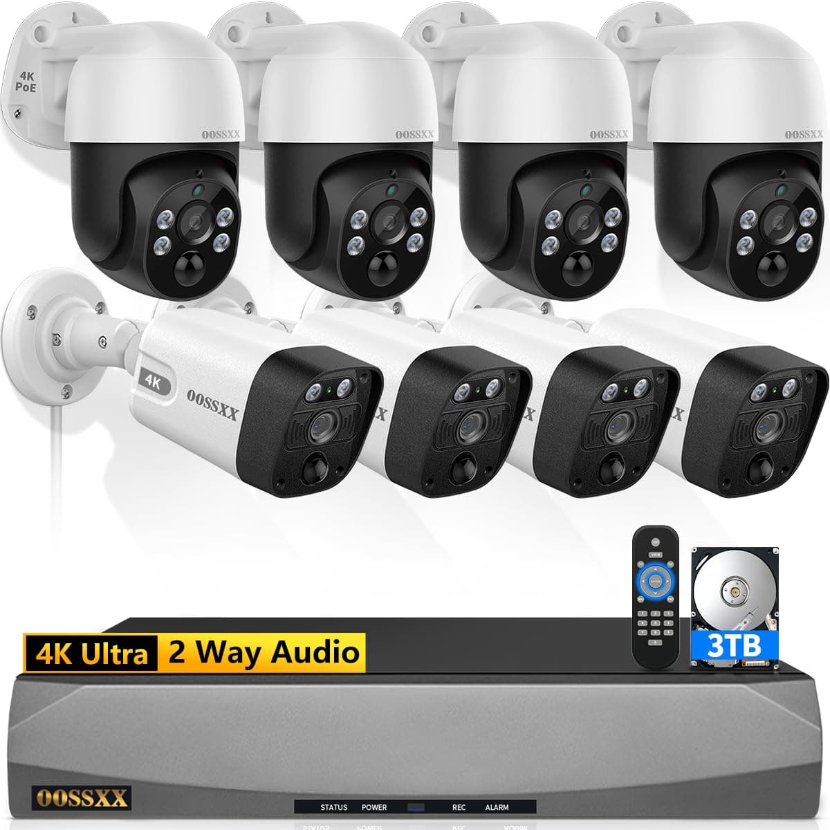 OOSSXX (Auto Tracking) Sistema de Cámaras de Seguridad Cableadas para Exteriores PTZ con Audio Bidireccional 4K, PoE - Sistema de Videovigilancia con DVR y Cámaras Cableadas para el Hogar PTZ Digital Zoom
