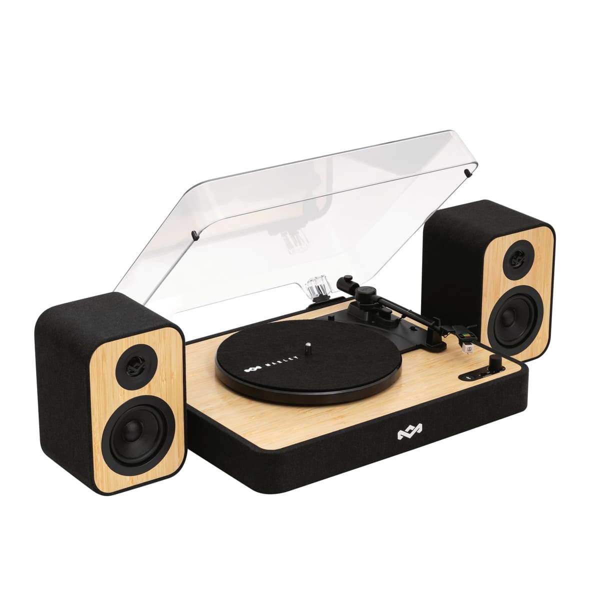 House of Marley Revolution Tocadiscos inalámbrico con altavoces - Tocadiscos Bluetooth fabricado de forma sostenible con altavoces de estantería de 8W, tocadiscos vinilo de fácil configuración con cubierta para polvo EM-JT304-SB