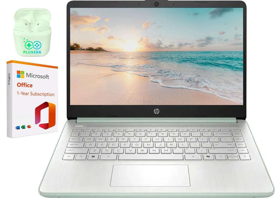HP 14" Laptop empresarial con pantalla LED, 32 GB RAM, 640 GB de almacenamiento (128 GB UFS + tarjeta SD de 512 GB), Intel Quad-Core N150, Windows 11 S y 1 año de Microsoft Office 365 incluido, audífonos PLUSERA, verde sauce