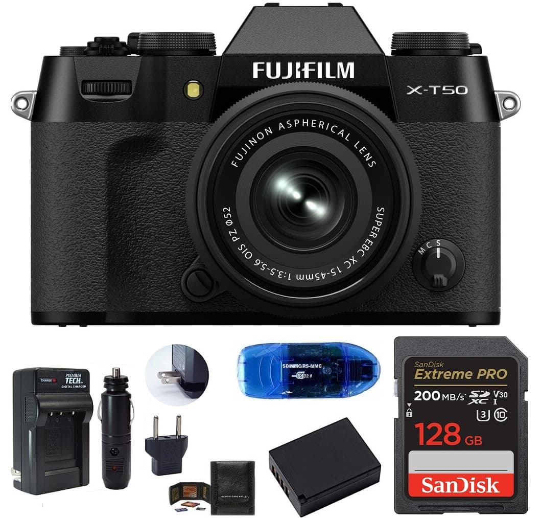 FUJIFILM X-T50 Mirrorless Camera con lente 15-45mm y kit (6 piezas) FJX-T50-XC1545mm-BLK-128GBX-BT-6PCS