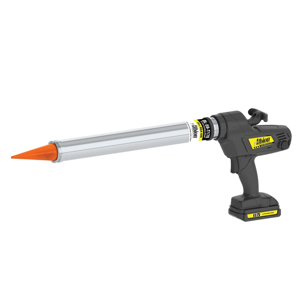 Albion DL-59-T17E Pistola a granel inalámbrica de 30 oz con boquillas cónicas naranjas 18 voltios