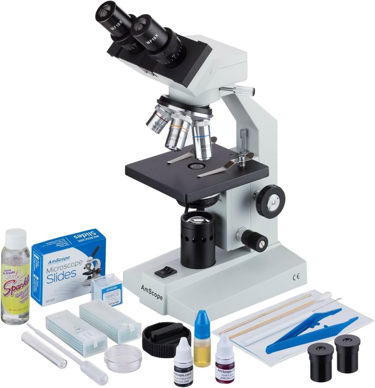 AmScope B100C-SP14-CLS-50P100S Microscopio Biológico Binocular 40X-2500X con Amplio Kit de Preparación de Portaobjetos, Fuente de Luz LED