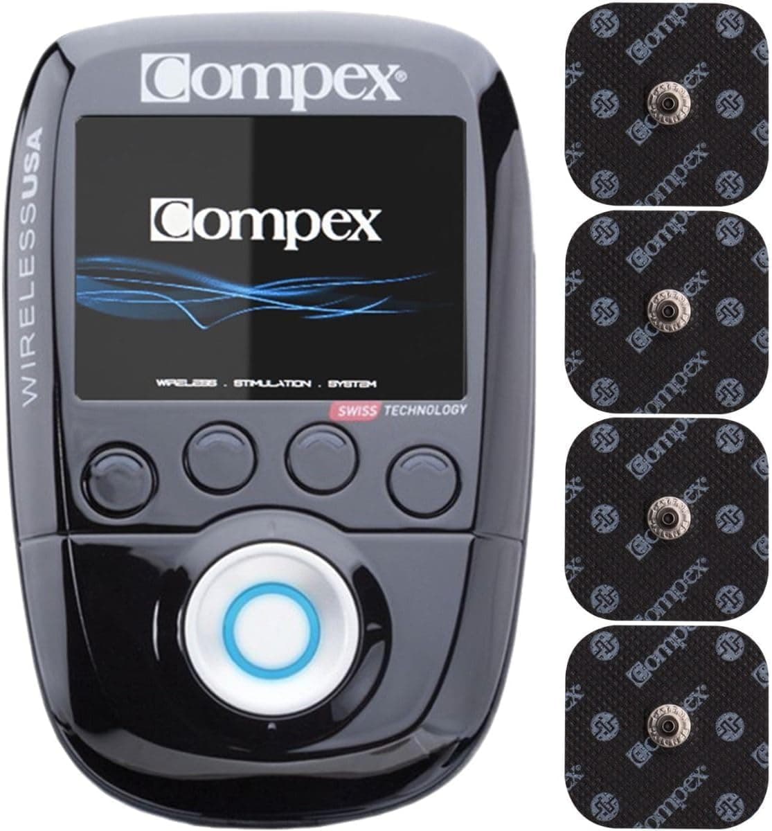 Compex Wireless USA 2.0 Estimulador muscular inalámbrico con kit TENS: máquina de estimulación, electrodos snap, programas, PODs inalámbricos, negro 25331
