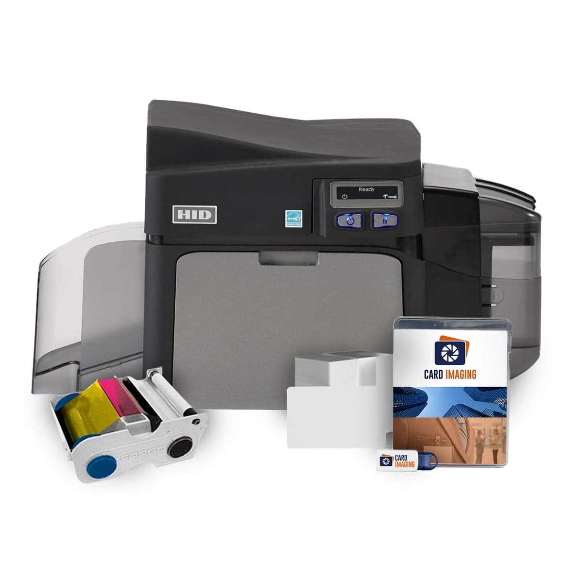 Card Imaging Fargo DTC4250e Impresora de tarjetas de identificación de un solo lado y paquete de suministros 52000