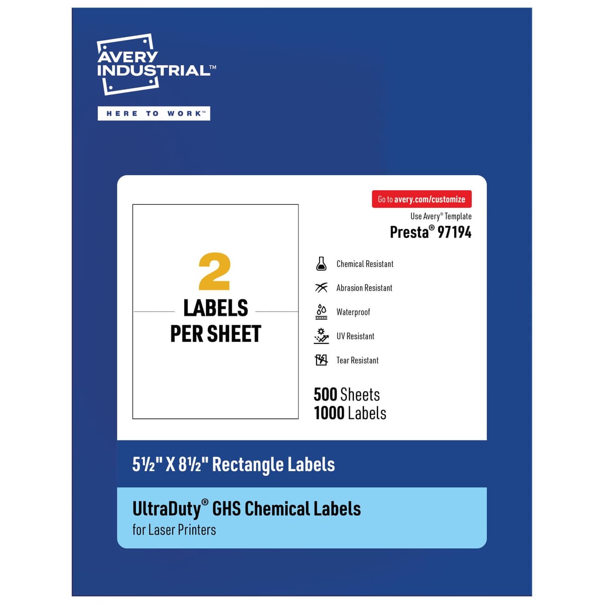 Avery UltraDuty GHS Labels 5.5" x 8.5" rectangulares impermeables 1000 unidades para impresoras láser 97194-WMU500