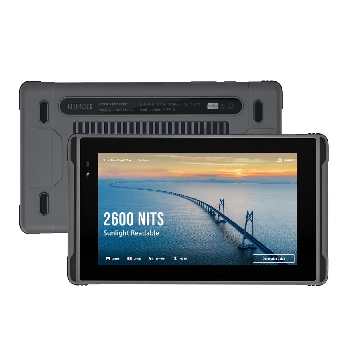 HUGEROCK X7 Tablet PC Rugerizada 7" 2600 nits Visible a Plena Luz Solar, RAM 8GB + ROM 128GB, Android 13, Resistente a Caídas y al Agua para UAV, Camping, Pesca, Moto, Monitor de Cámara de Dron