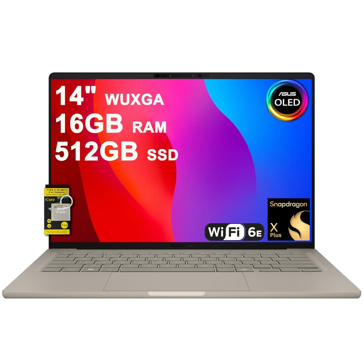 ASUS Zenbook A14 Portátil 14" WUXGA OLED (100% DCI-P3,600 nits HDR) Qualcomm Snapdragon X Plus de 8 núcleos (hasta 45 TOPS) 16 GB DDR5 512 GB SSD para Creadores Profesionales y Empresariales Win11 ICP Hub con Copilot+ AI