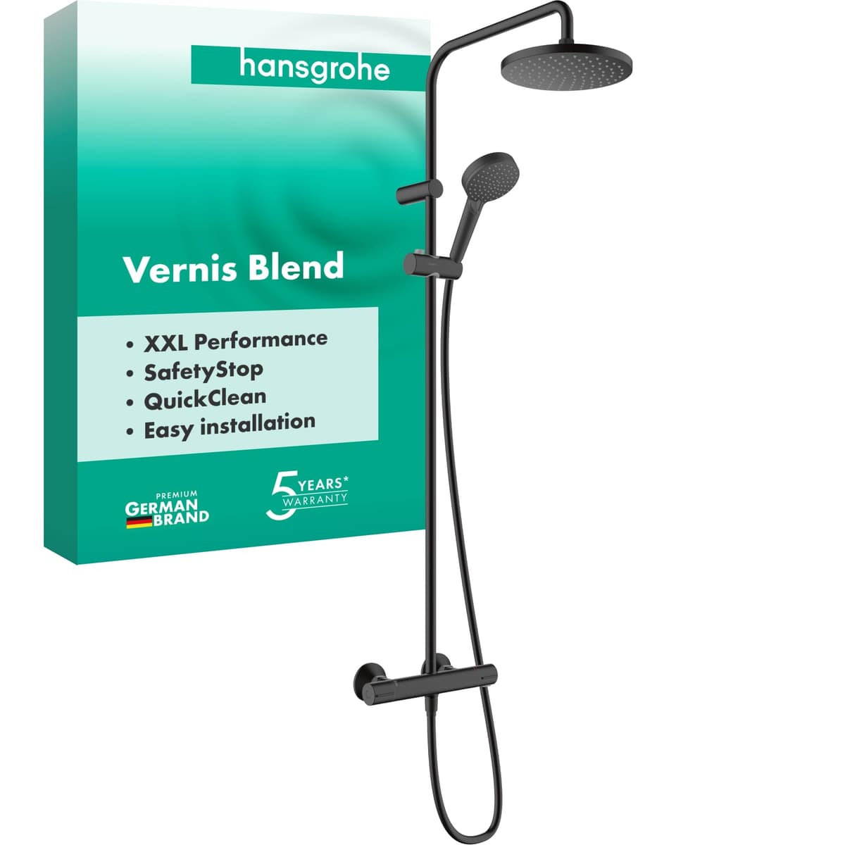 hansgrohe Vernis Blend 200 con termostato, lluvia 205 mm, negro mate, 26276670
