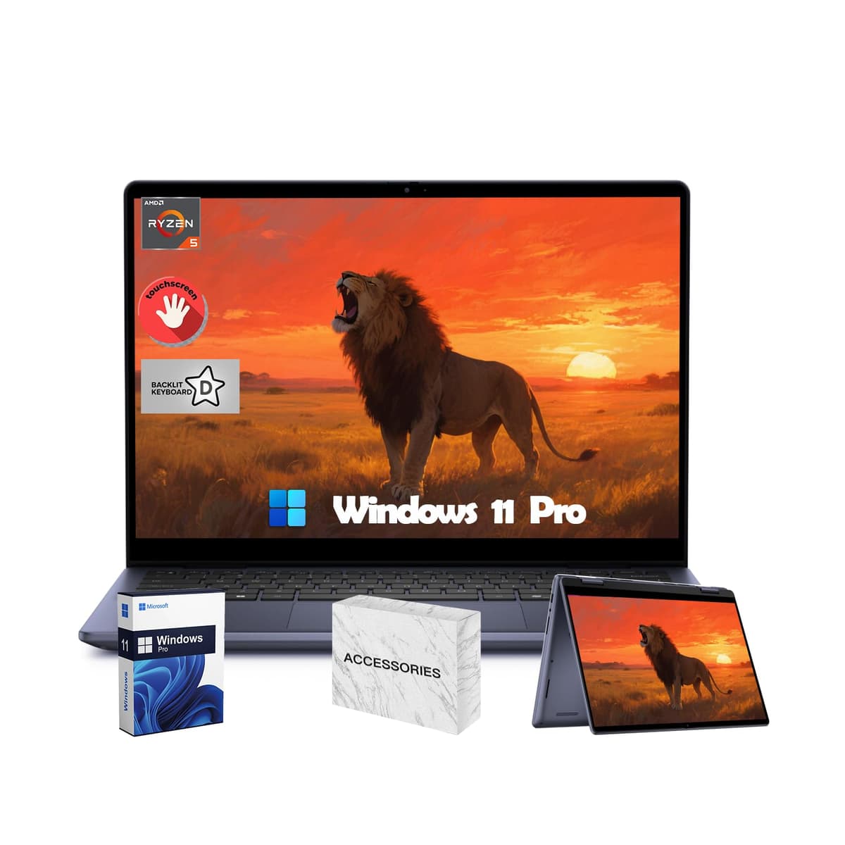 Dell - Inspiron i7445 2 en 1 con pantalla táctil, pantalla FHD de 14", AMD Ryzen 5 8640HS, teclado retroiluminado, lector de huellas, 16 GB DDR5,512 GB SSD, Windows 11 Pro, con accesorios i7445-5333BLU-PUS