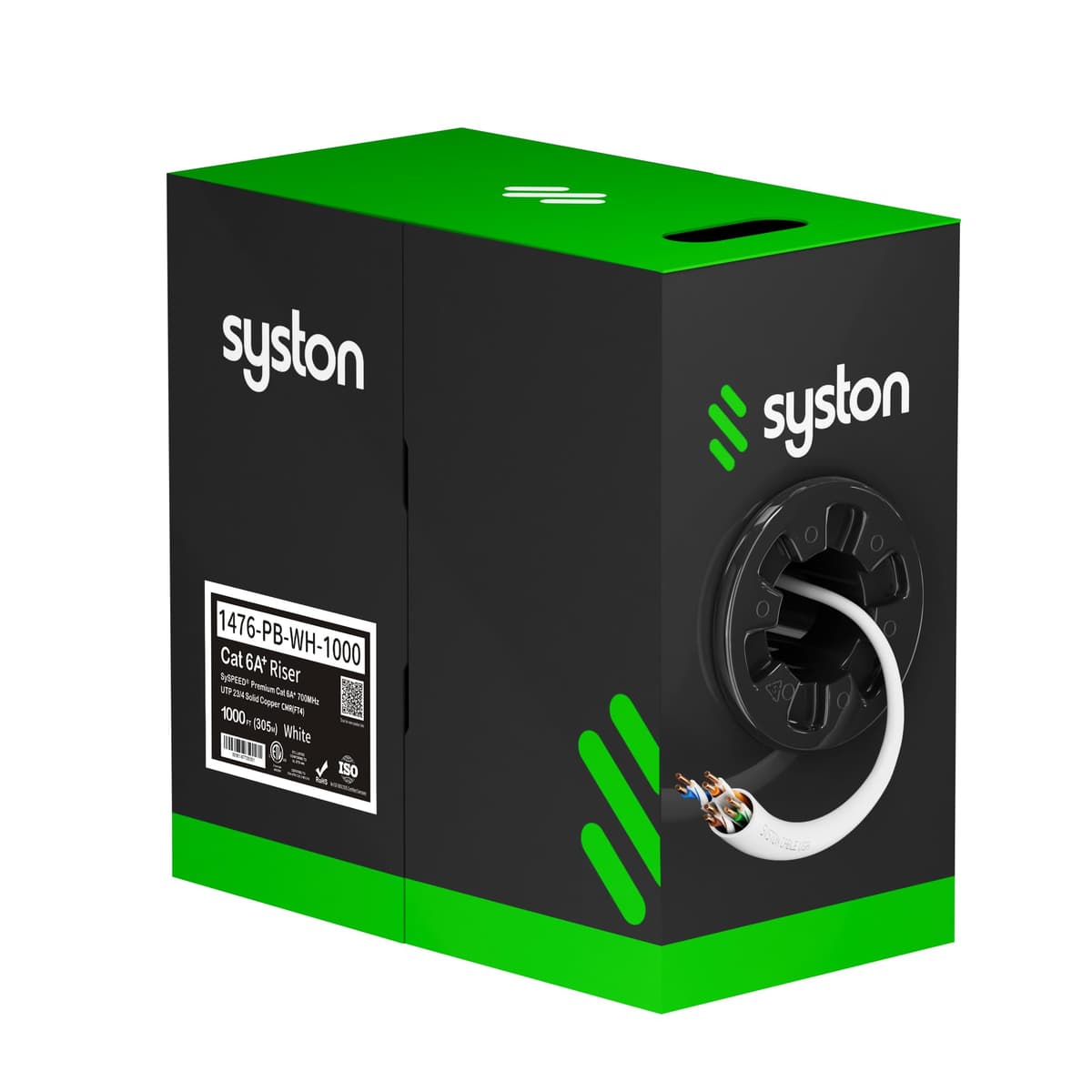 Cable de Red Ethernet Syston Cable Technology Cat 6A+ 750MHz 23AWG Cobre Macizo Desnudo Exterior/Interior, Sin Terminaciones 100/250/500/1000 ft Disponibles, Resistente al Calor Clase Riser (1000 ft, CMR, Blanco-CMR) 147X