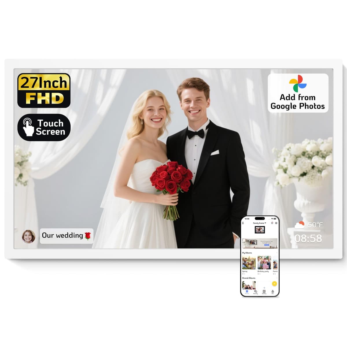 Marco digital con pantalla táctil NexFoto de 27 pulgadas, pantalla FHD, marco de fotos con Wi-Fi electrónico 64 GB, agrega fotos desde Google Photos, sube videos por APP/USB, regalo para Navidad/mamá/abuelos, blanco W270WN-T