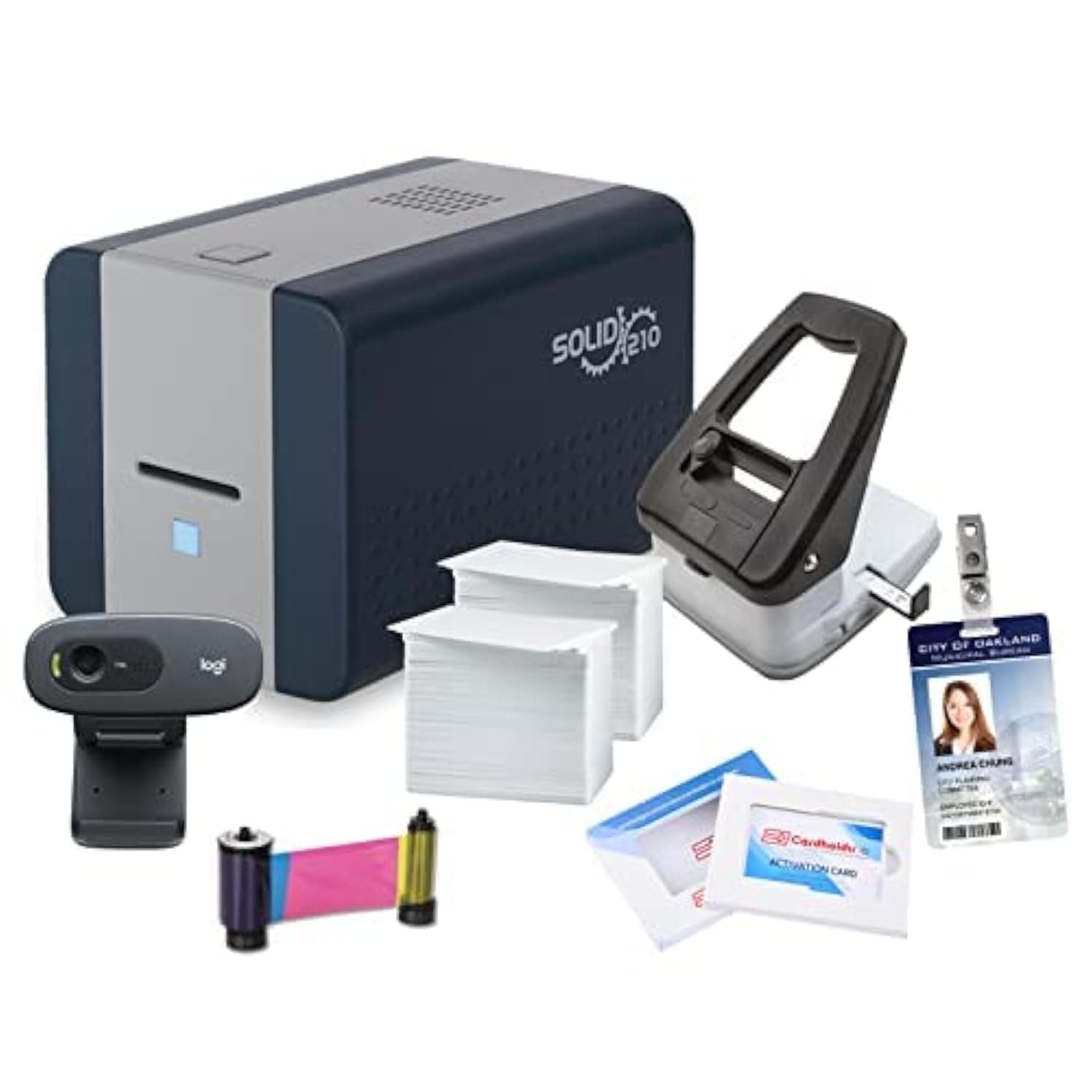 Cardholdir ID Solid 210 Single-Sided ID Badge Printer, Incluye Software Estándar y Suministros para 400 Tarjetas 900708-AMZ-07