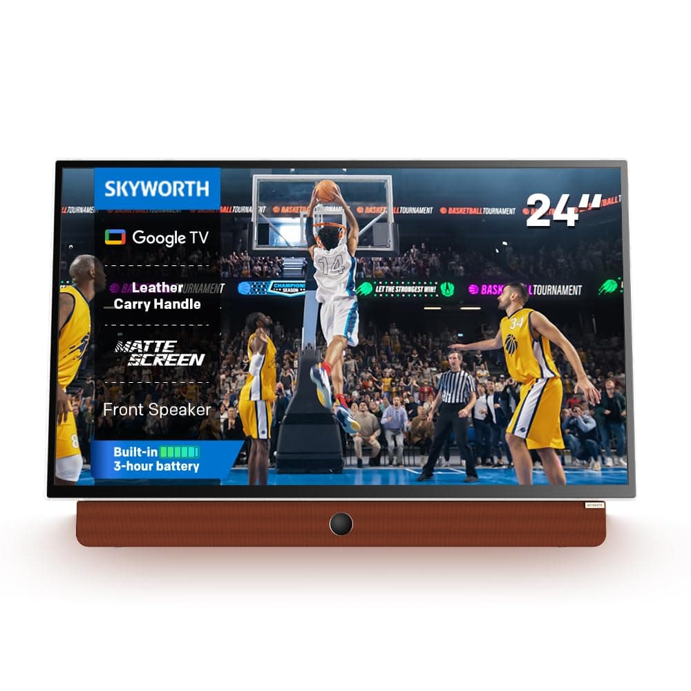 Skyworth TV Inteligente Portátil de 24 Pulgadas con Batería, 1080P FHD, HDR10, Dolby Audio, Chromecast, Bluetooth, Google TV - Ideal para Días de Partido, Fiestas, Viajes en RV y Noches de Fútbol 24P100