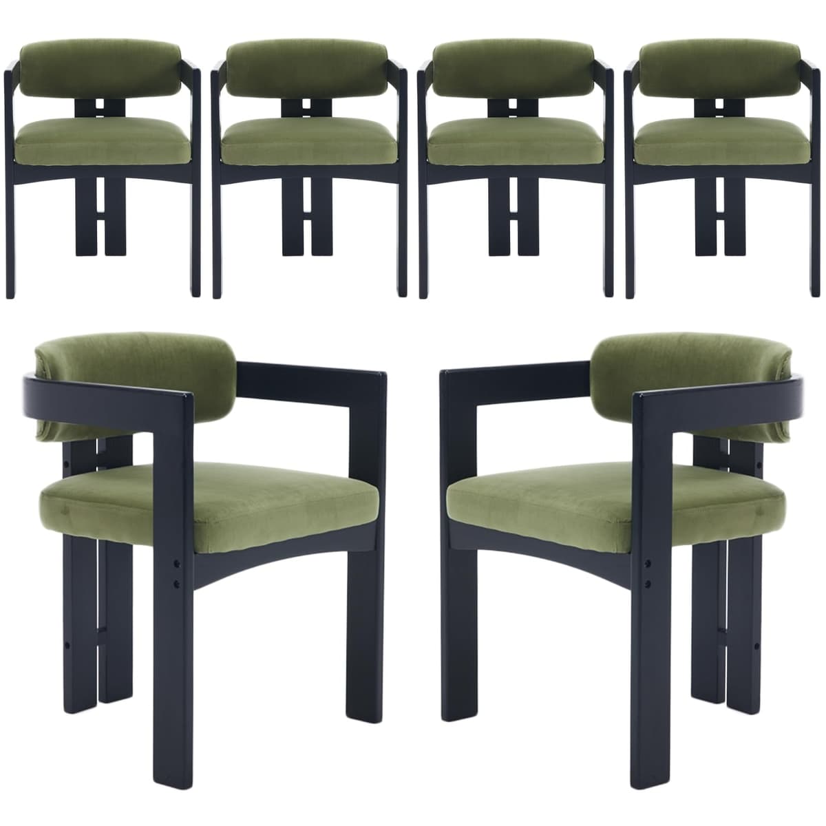 chairus Set de 6 sillas de comedor Barrel tapizadas en terciopelo, respaldo curvo y brazos, estructura de madera maciza, Olive Green
