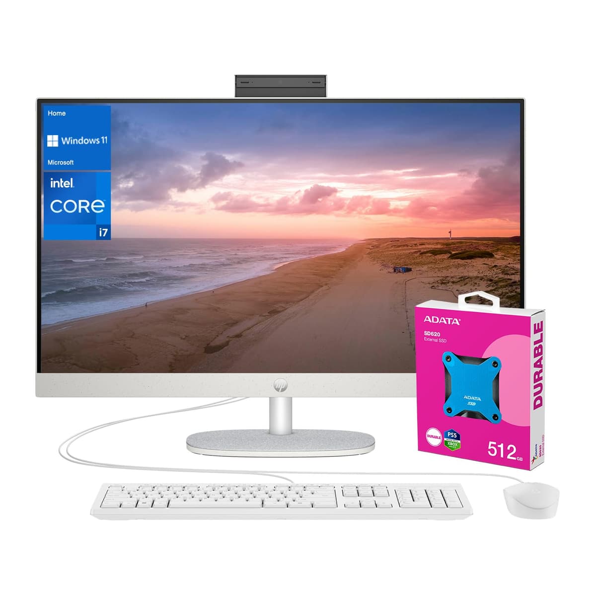 HP 27 i7 All in One Desktop 27" FHD Intel i7-1355U 64GB RAM 2TB SSD Blanco + ADATA 512 External SSD TPC-Q095-27