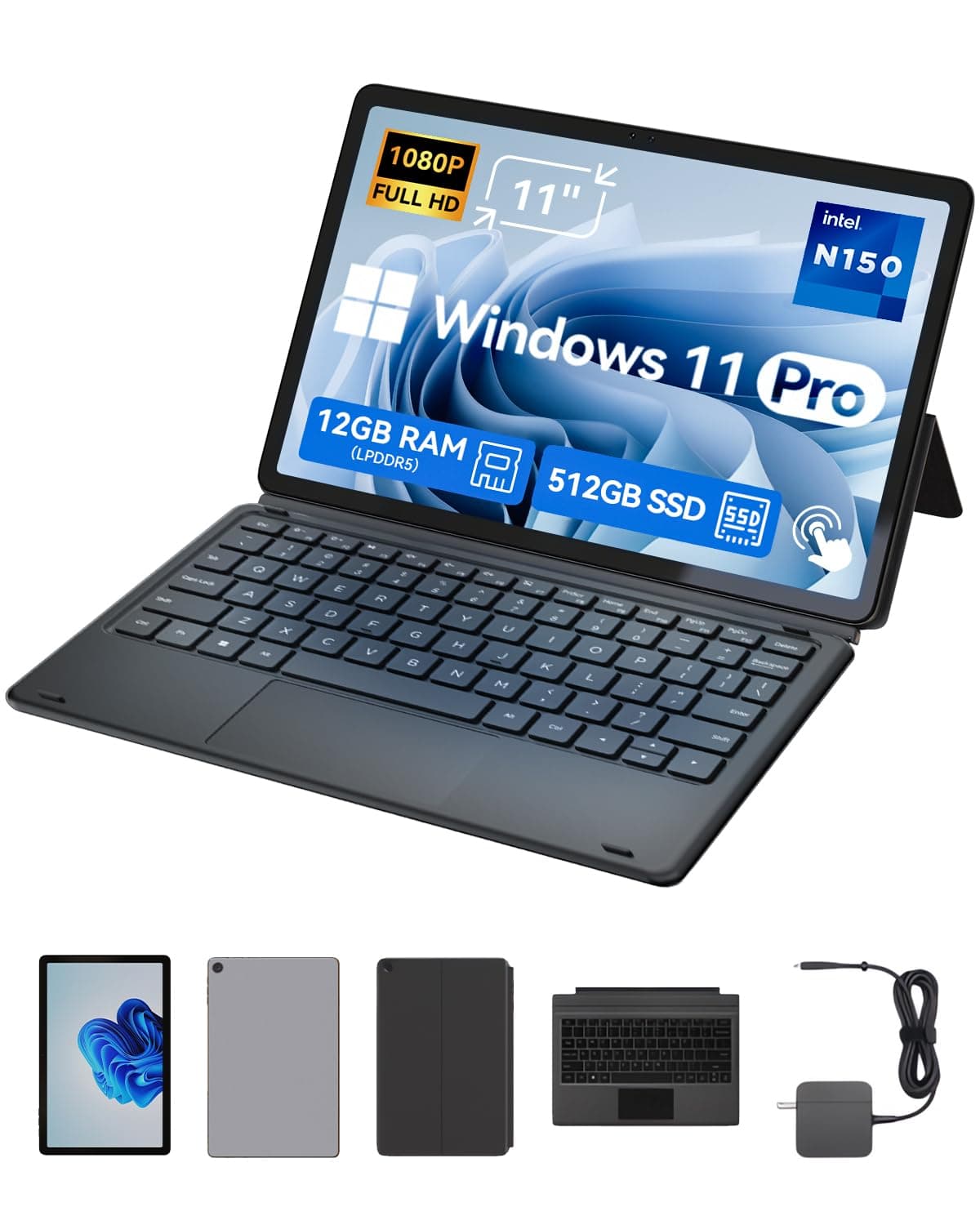 BNCF Laptop 2 en 1 de 11 pulgadas, PC táctil con Win 11 compatible con Twin Lake N150, 12 GB RAM 512 GB SSD, tableta IPS FHD 1920x1200 USB-C/HDMI WiFi 6 con teclado magnético y soporte