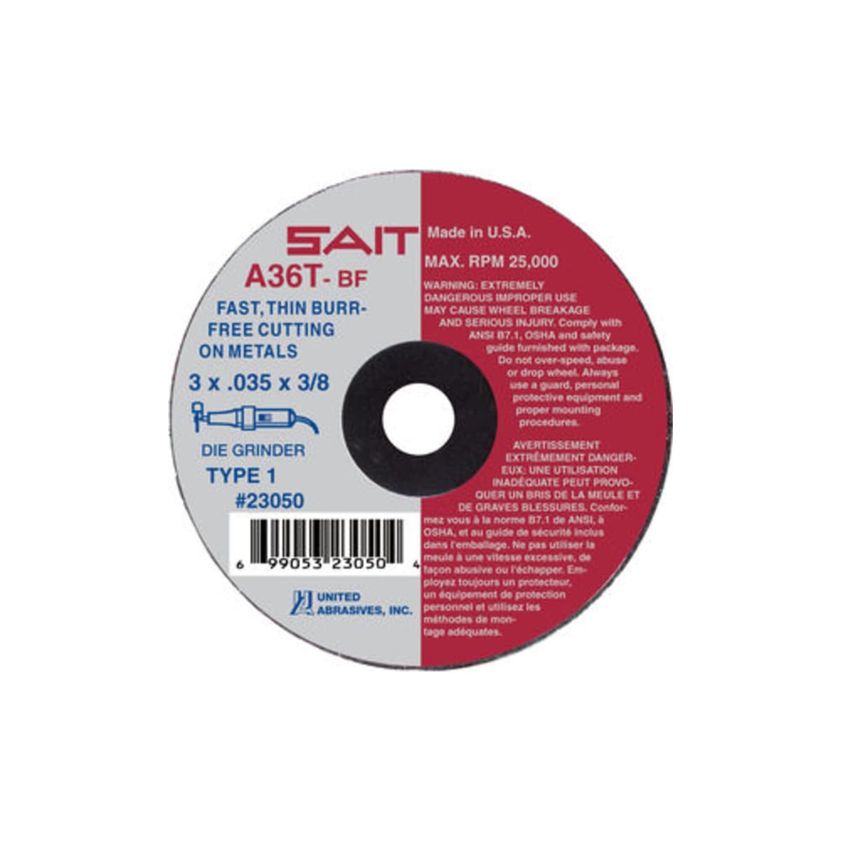 United Abrasives SAIT 23032 Ruedas A36T 2.5" x .035" x 1/4", paquete de 100
