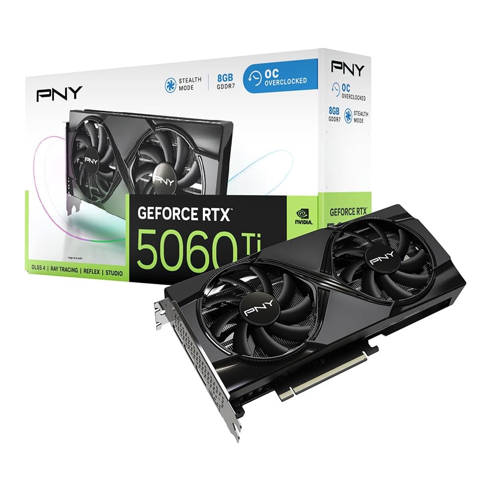 PNY NVIDIA GeForce RTX 5060 Ti OC Ventilador Doble, Tarjeta Gráfica (8GB GDDR7,128 bits, Velocidad Boost: 2692 MHz, Compatible con SFF, PCIe 5.0, HDMI/DP 2.1, 2 ranuras, Arquitectura NVIDIA Blackwell, DLSS 4) VCG5060T8DFXPB1-O