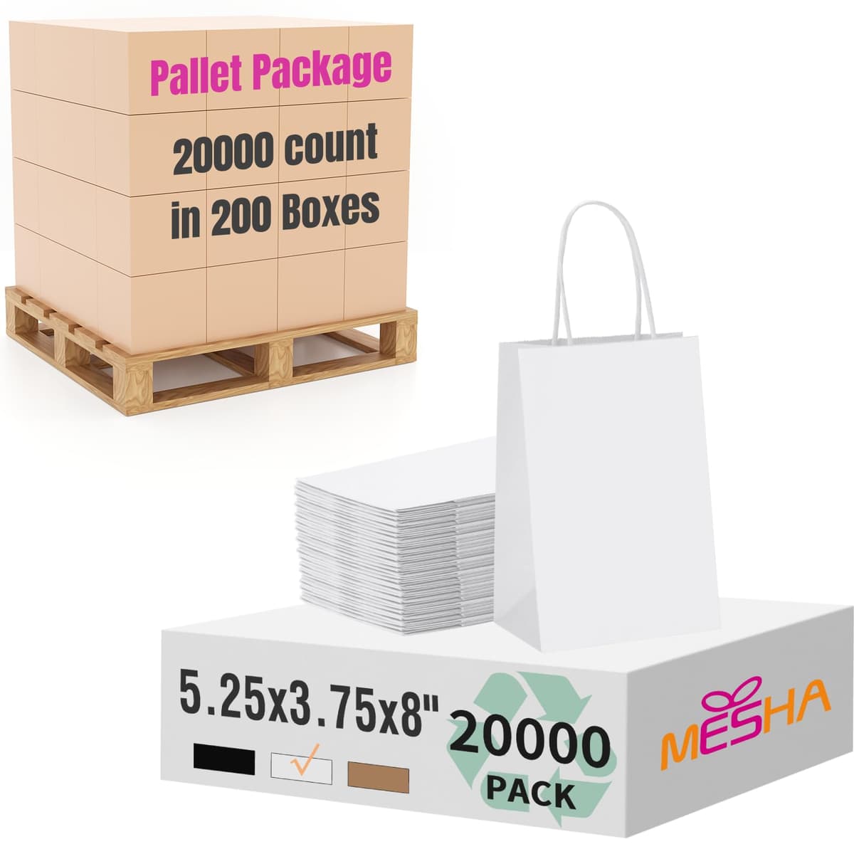 Bolsas de Papel con Asas MESHA 20,000 uds 5.25x3.75x8'' Blancas Kraft
